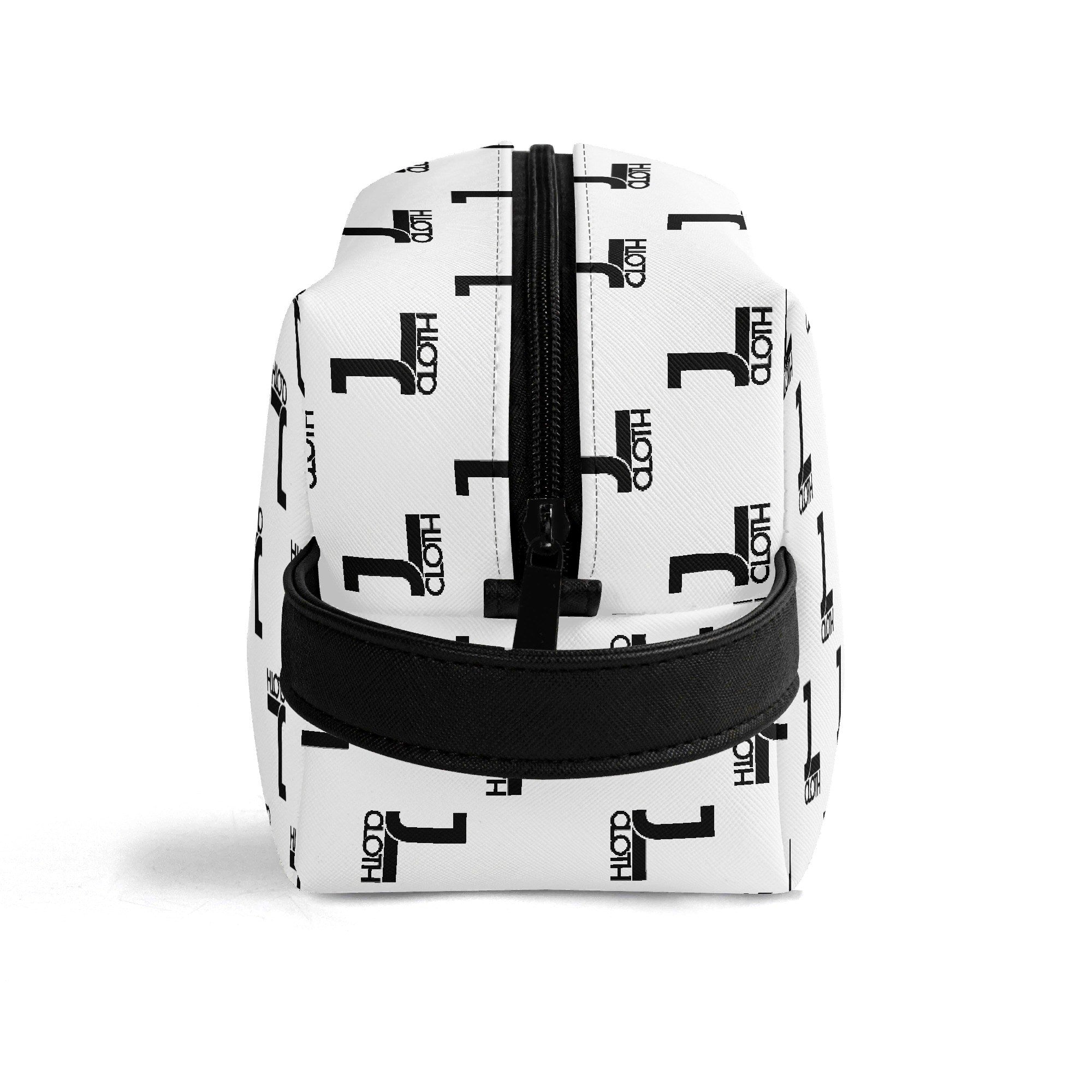 JL-Kulturbeutel in Weiß mit schwarzem "1"-Logo-Muster mit schwarzer Trageschlaufe und Reißverschluss