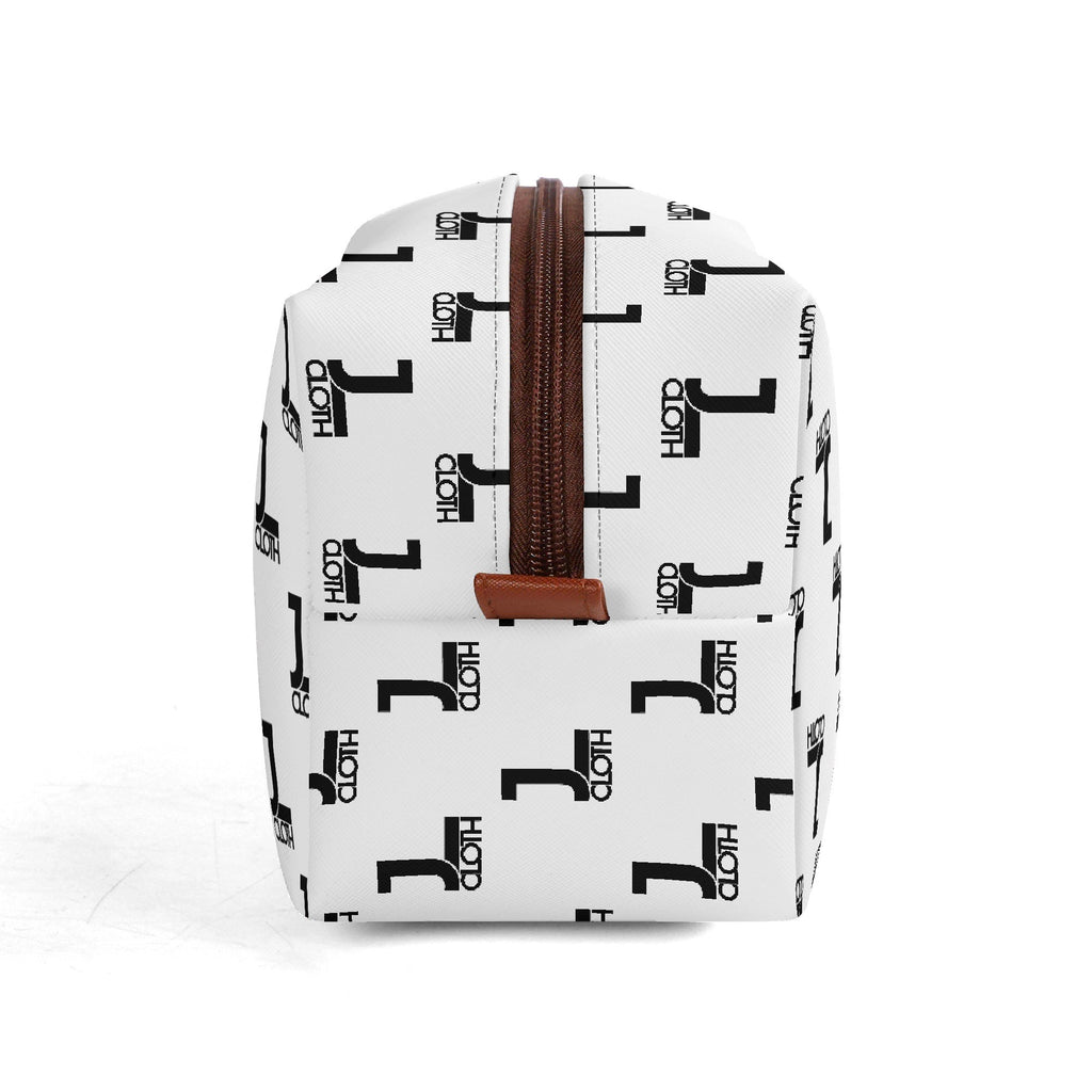 JL-Kulturbeutel in Weiß mit schwarzem "1"-Logo-Muster mit braunem Reißverschluss