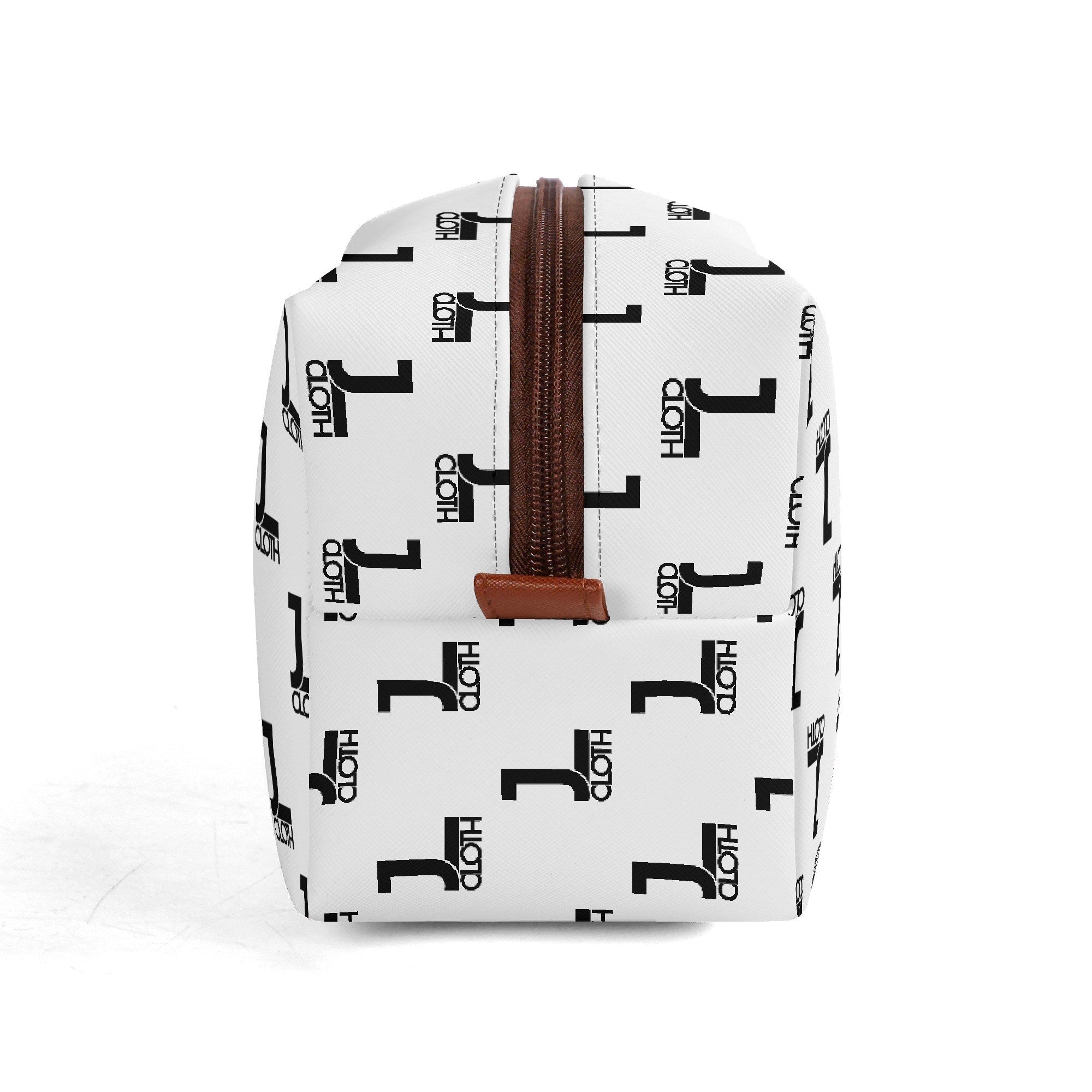 JL-Kulturbeutel in Weiß mit schwarzem "1"-Logo-Muster mit braunem Reißverschluss