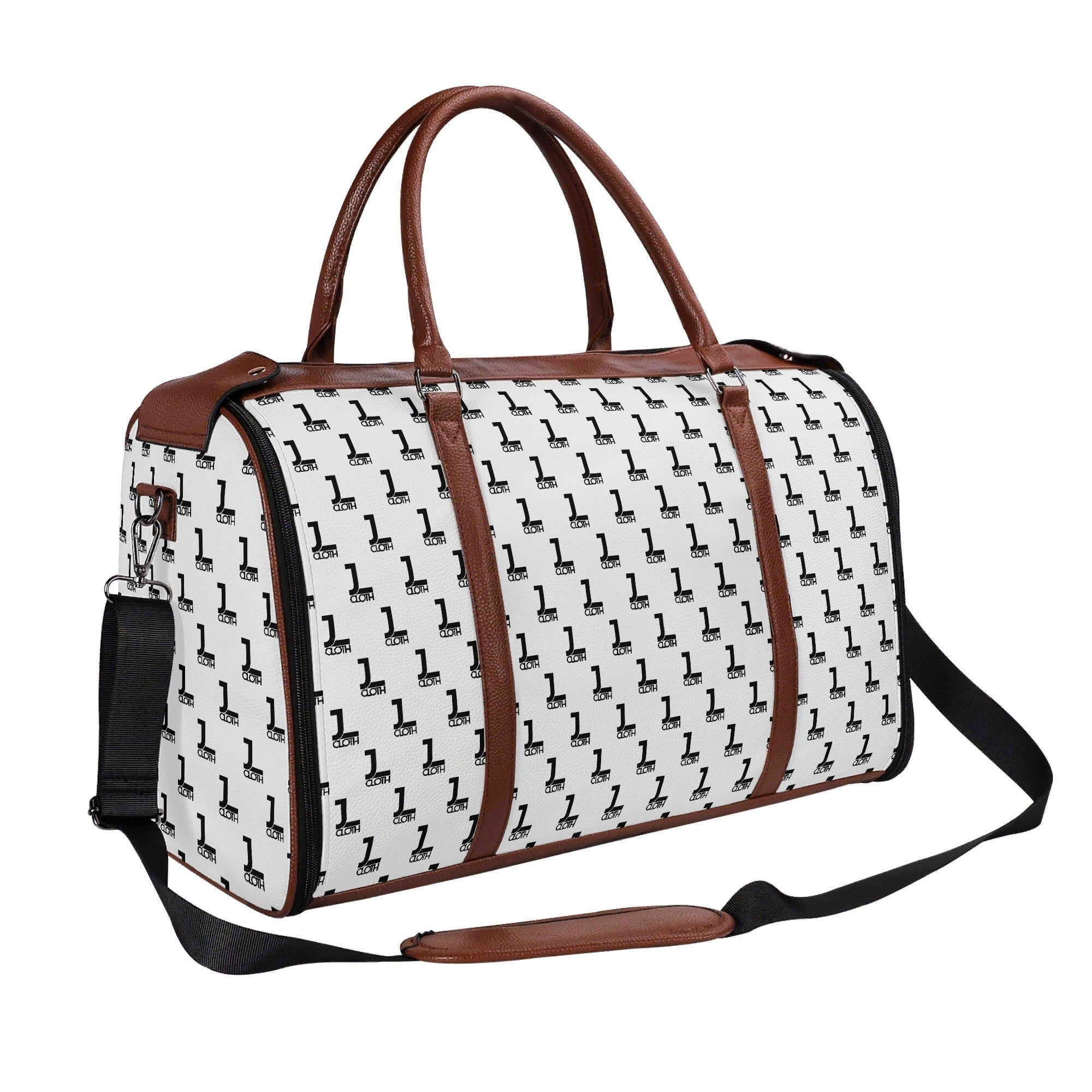 Brauner JL-Weekender schräge ansicht, Gurt für Schulter zu sehen mit braun schwarze Details