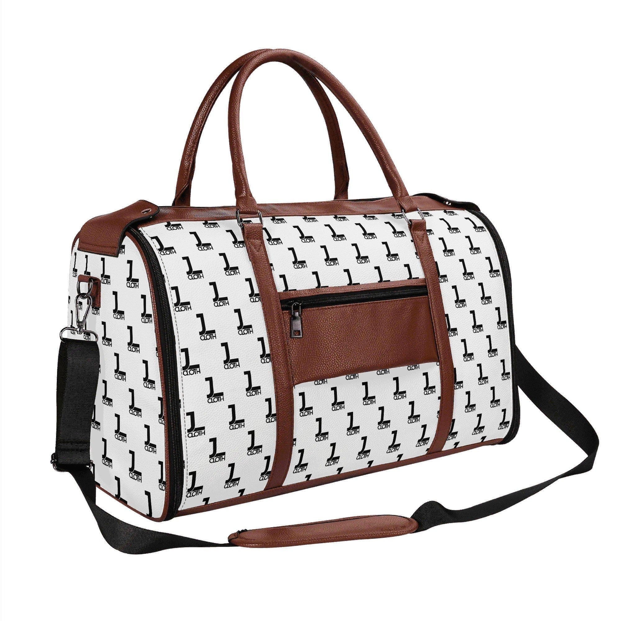 Brauner JL-Weekender in schräger Ansicht, mit kleiner Tasche fürs Handy